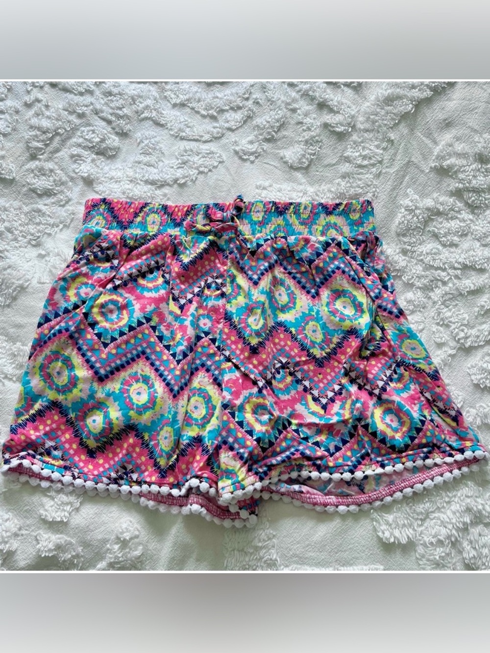 Faded Glory Pink Multi-Color High Waist Pom-Pom Trim Shorts